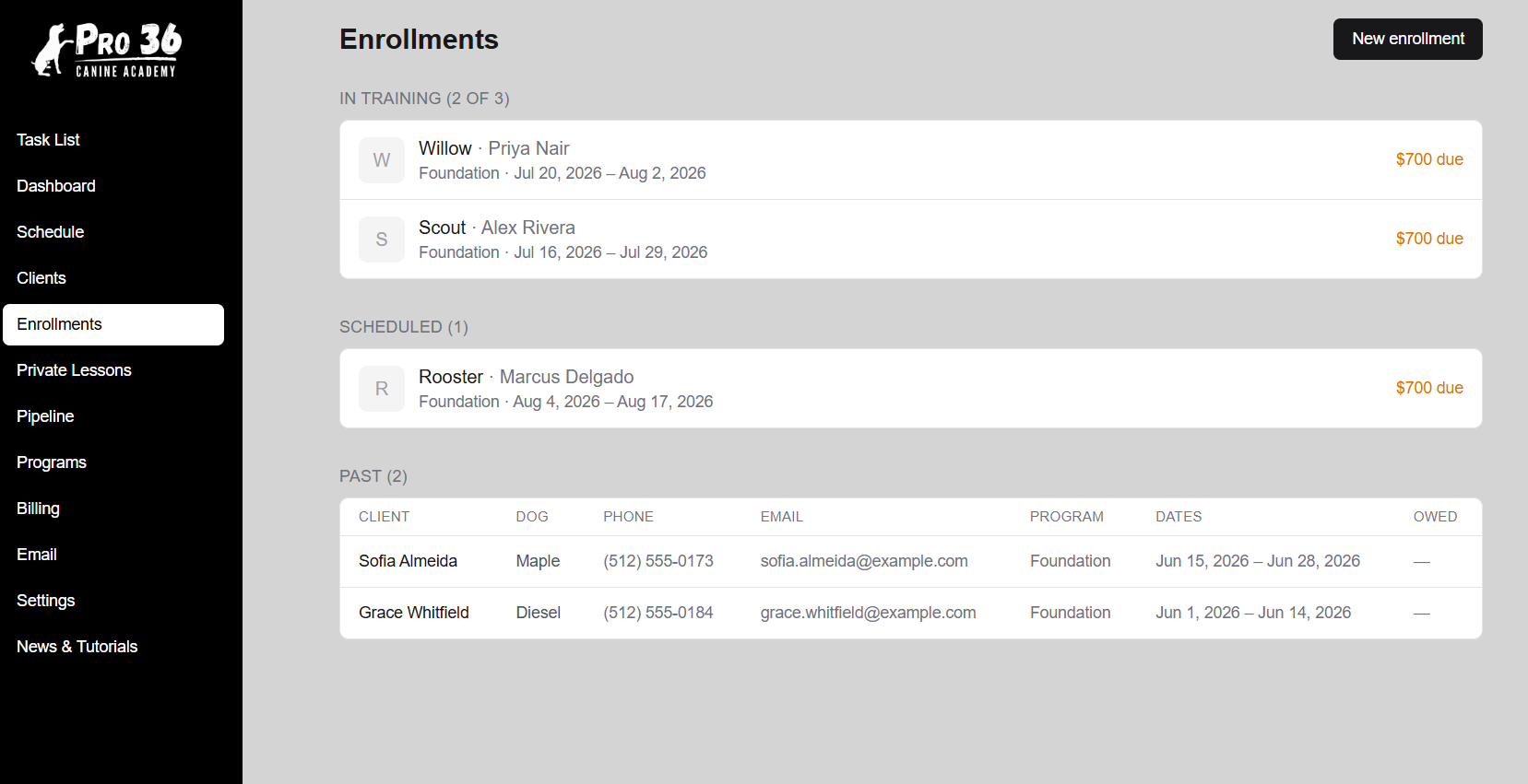 Enrollments list grouped by in training, scheduled, and past