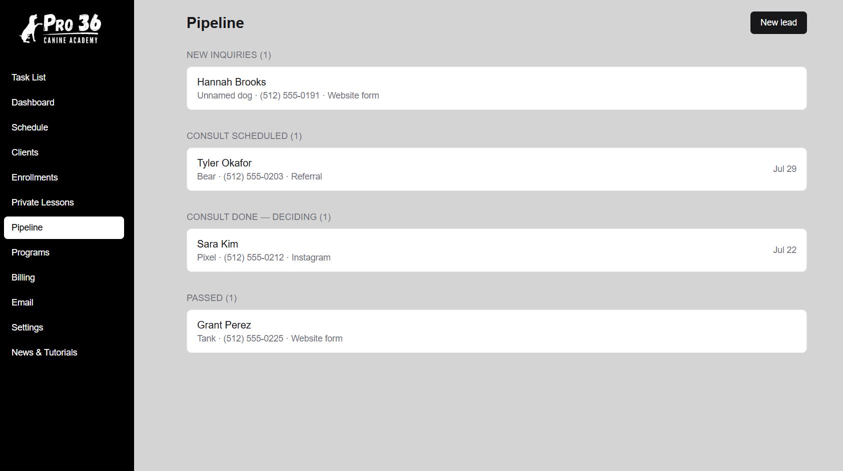 Pipeline board showing leads at each stage: new inquiries, consult scheduled, consult done, and passed