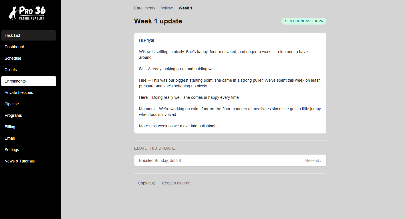 A sent weekly owner update, drafted per command with an email confirmation