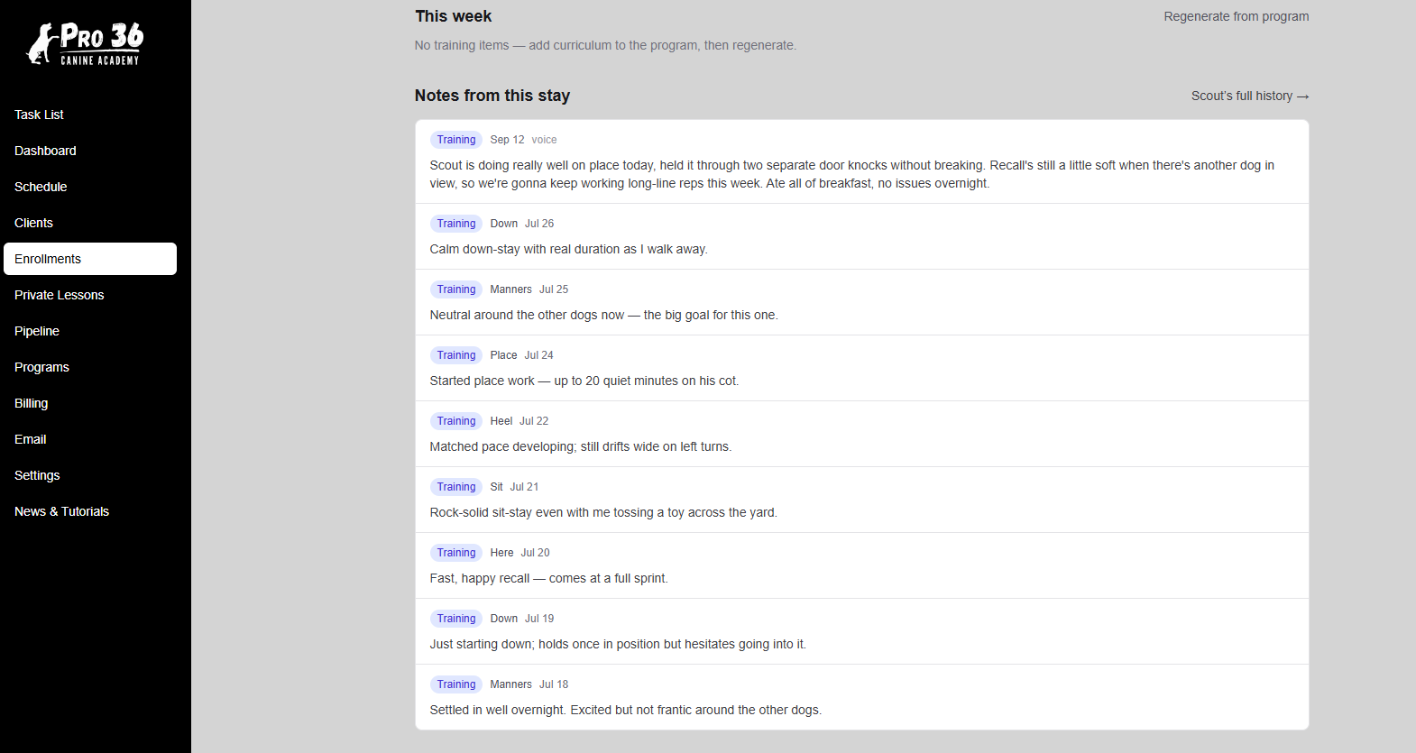A training note logged by voice, tagged with the voice badge, right alongside typed notes